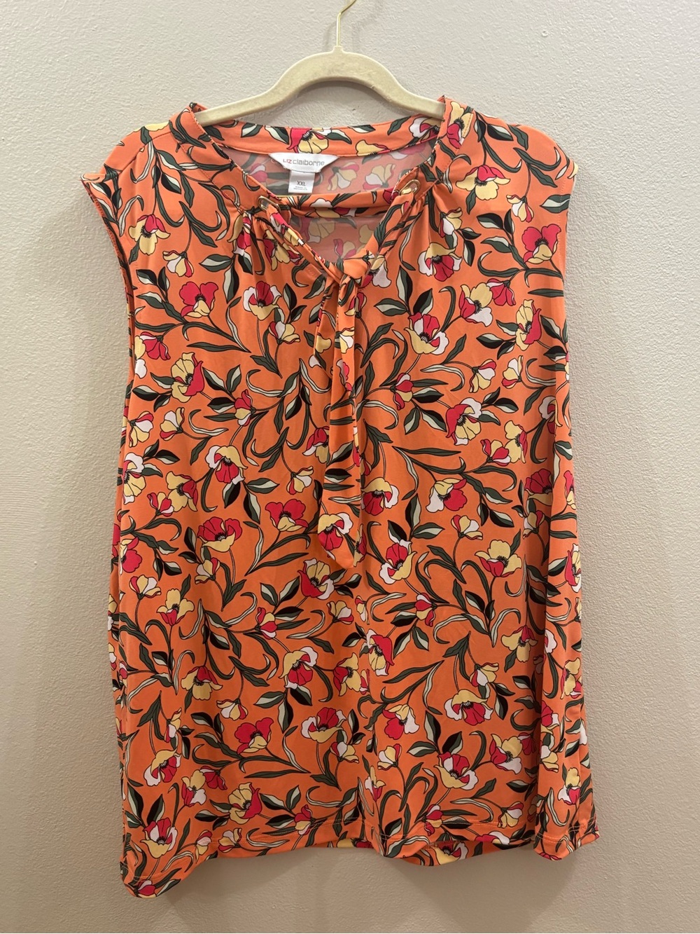 Liz Claiborne Orange Floral Tie-Neck Sleeveless Top